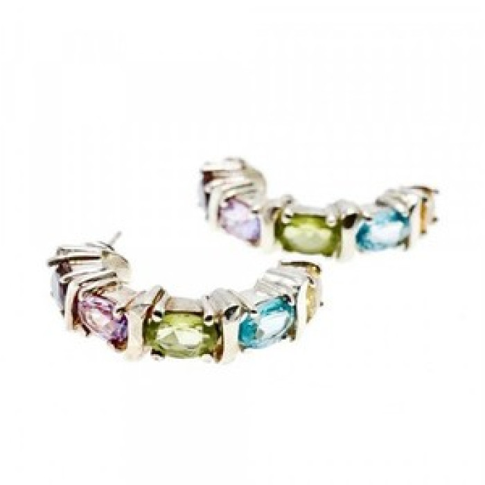 925 Sterling Silver Multi Gemstones Stud Earrings