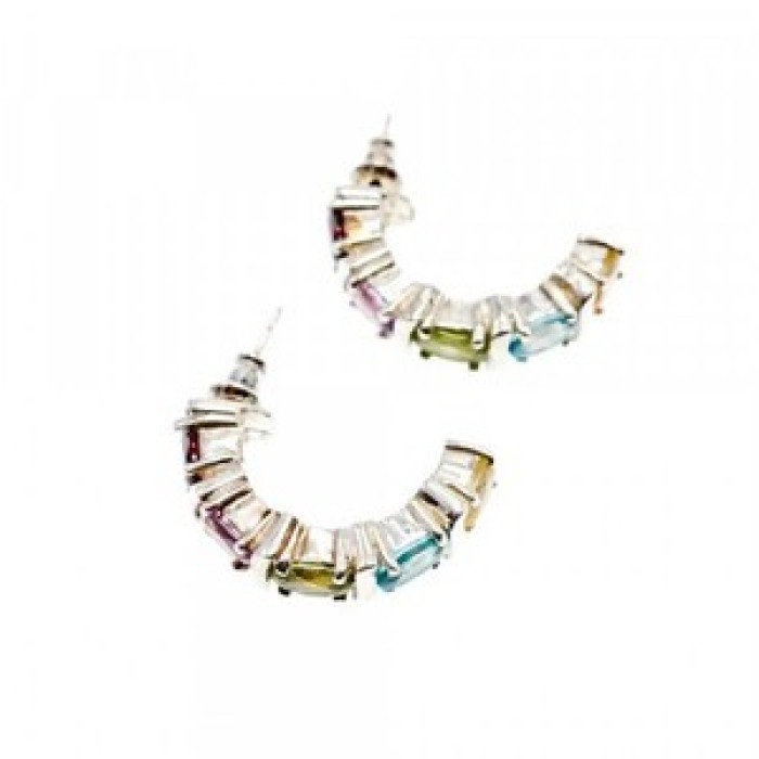 925 Sterling Silver Multi Gemstones Stud Earrings