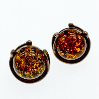 Vintage 925 Sterling Silver Amber Stud Earrings Italy