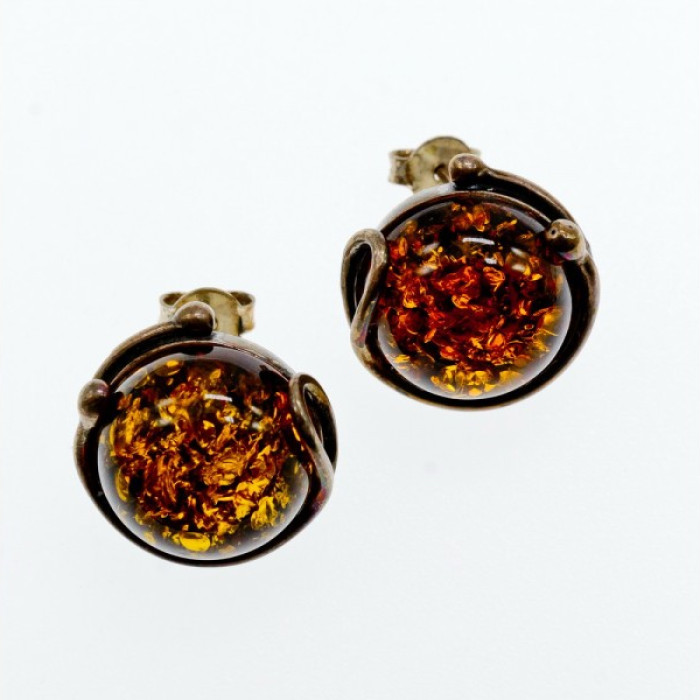 Vintage 925 Sterling Silver Amber Stud Earrings Italy