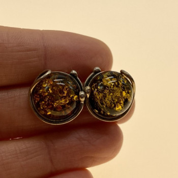 Vintage 925 Sterling Silver Amber Stud Earrings Italy