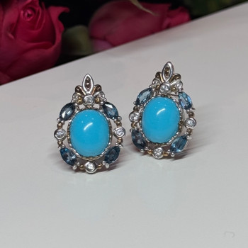925 Sterling Silver Turquoise, Aquamarine & Beryl Earrings Length 1 Inch