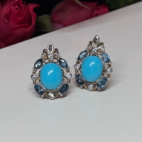 925 Sterling Silver Turquoise, Aquamarine & Beryl Earrings Length 1 Inch