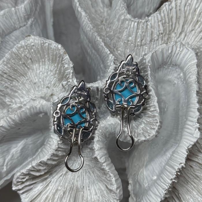 925 Sterling Silver Turquoise, Aquamarine & Beryl Earrings Length 1 Inch