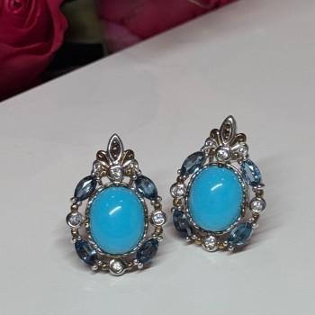925 Sterling Silver Turquoise, Aquamarine & Beryl Earrings Length 1 Inch