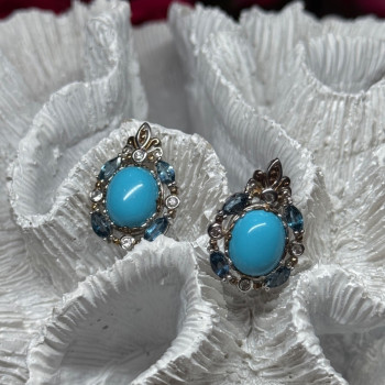925 Sterling Silver Turquoise, Aquamarine & Beryl Earrings Length 1 Inch