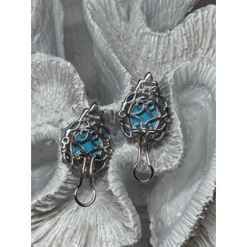 925 Sterling Silver Turquoise, Aquamarine & Beryl Earrings Length 1 Inch