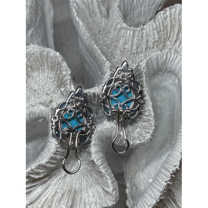 925 Sterling Silver Turquoise, Aquamarine & Beryl Earrings Length 1 Inch