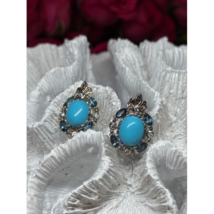 925 Sterling Silver Turquoise, Aquamarine & Beryl Earrings Length 1 Inch