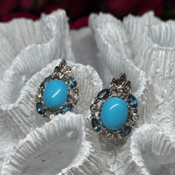 925 Sterling Silver Turquoise, Aquamarine & Beryl Earrings Length 1 Inch