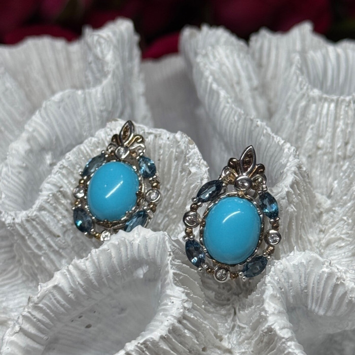 925 Sterling Silver Turquoise, Aquamarine & Beryl Earrings Length 1 Inch