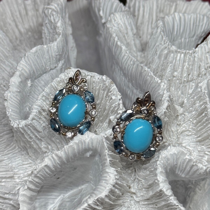 925 Sterling Silver Turquoise, Aquamarine & Beryl Earrings Length 1 Inch
