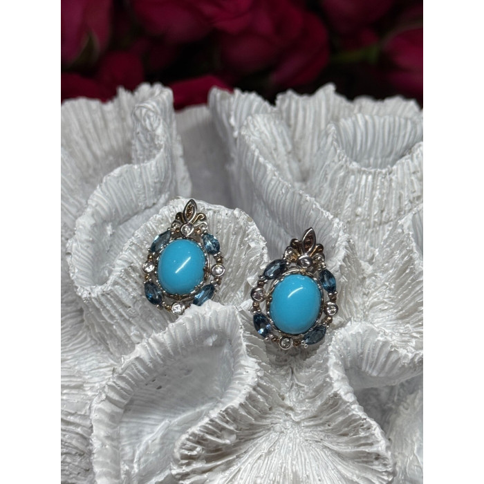 925 Sterling Silver Turquoise, Aquamarine & Beryl Earrings Length 1 Inch