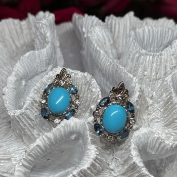925 Sterling Silver Turquoise, Aquamarine & Beryl Earrings Length 1 Inch
