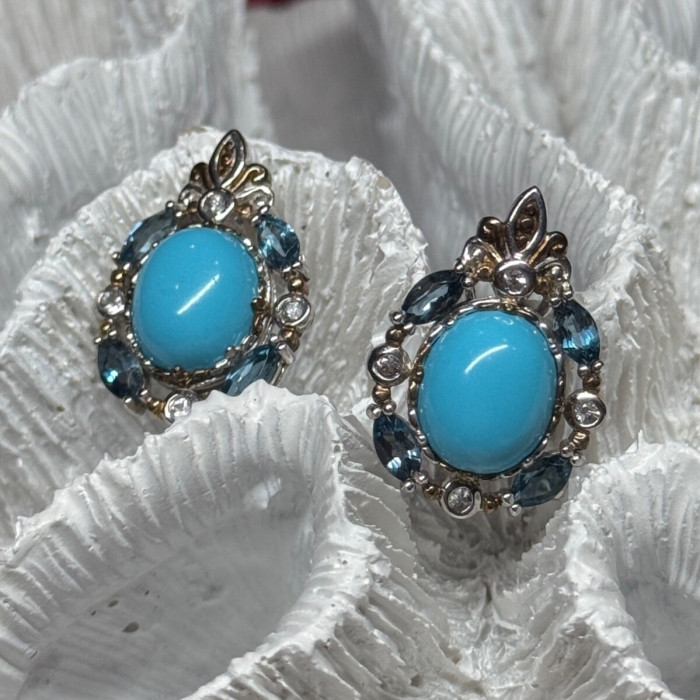 925 Sterling Silver Turquoise, Aquamarine & Beryl Earrings Length 1 Inch