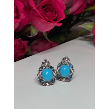 925 Sterling Silver Turquoise, Aquamarine & Beryl Earrings Length 1 Inch