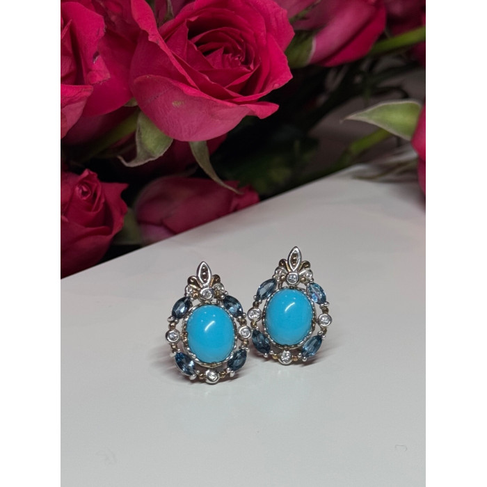 925 Sterling Silver Turquoise, Aquamarine & Beryl Earrings Length 1 Inch