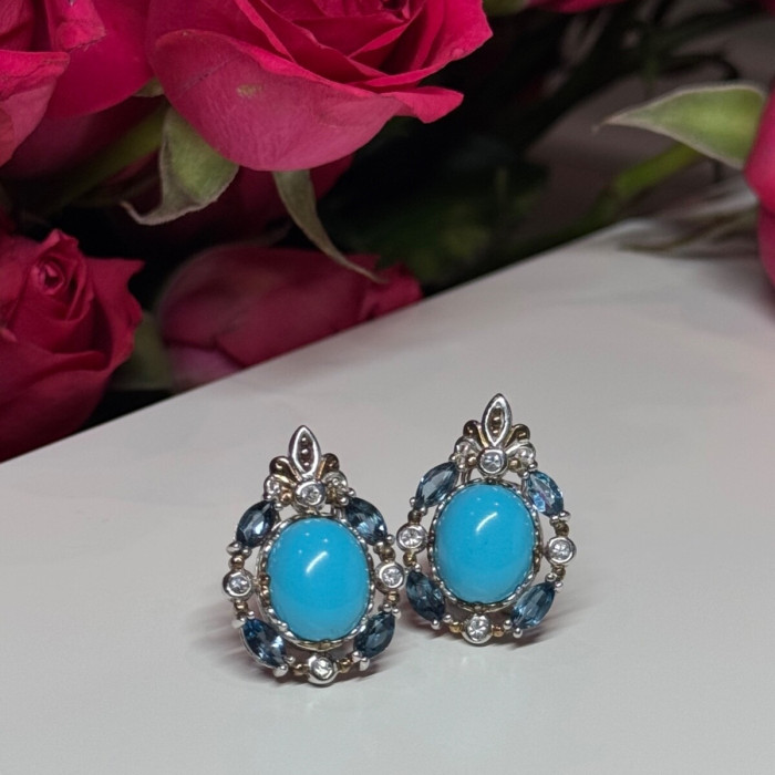 925 Sterling Silver Turquoise, Aquamarine & Beryl Earrings Length 1 Inch