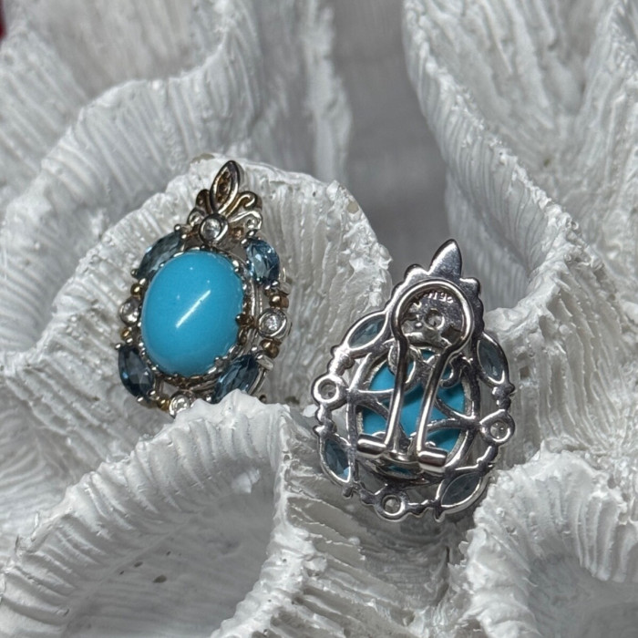 925 Sterling Silver Turquoise, Aquamarine & Beryl Earrings Length 1 Inch