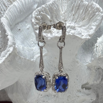 925 Sterling Silver Sapphire Earrings Length 1.5 Inch
