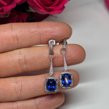 925 Sterling Silver Sapphire Earrings Length 1.5 Inch