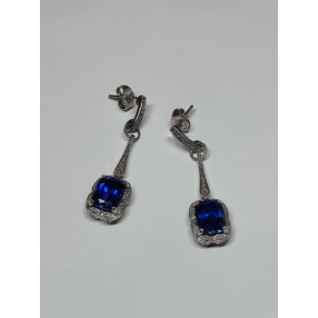 925 Sterling Silver Sapphire Earrings Length 1.5 Inch