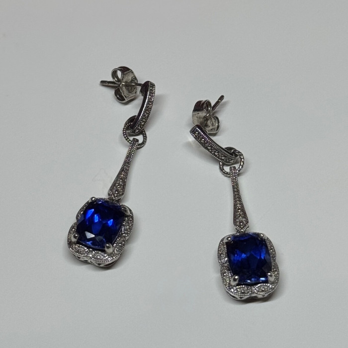925 Sterling Silver Sapphire Earrings Length 1.5 Inch