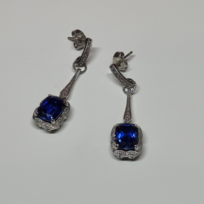 925 Sterling Silver Sapphire Earrings Length 1.5 Inch