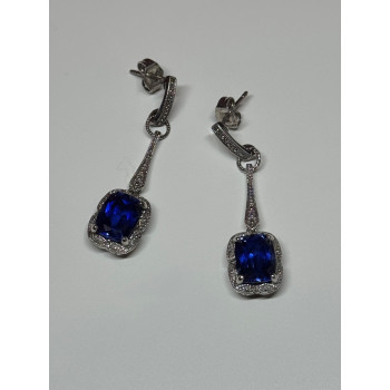 925 Sterling Silver Sapphire Earrings Length 1.5 Inch