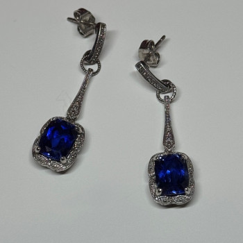 925 Sterling Silver Sapphire Earrings Length 1.5 Inch