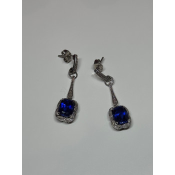 925 Sterling Silver Sapphire Earrings Length 1.5 Inch