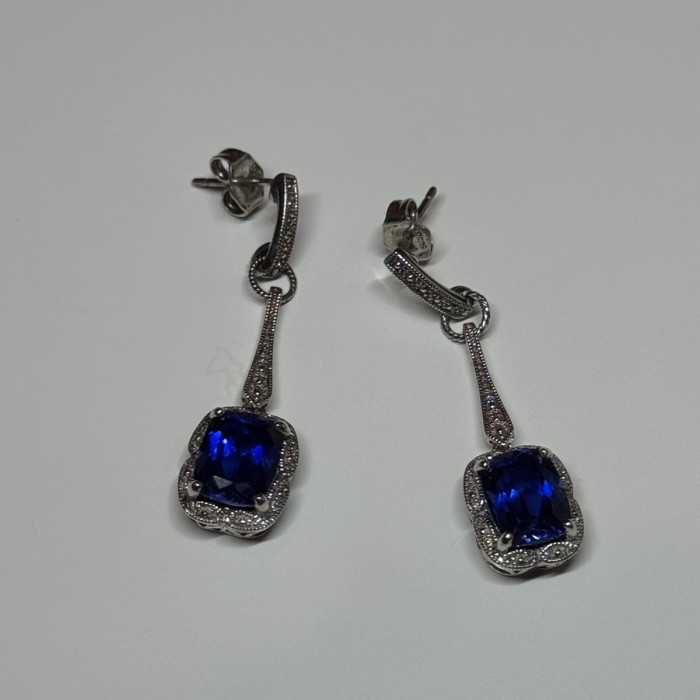 925 Sterling Silver Sapphire Earrings Length 1.5 Inch