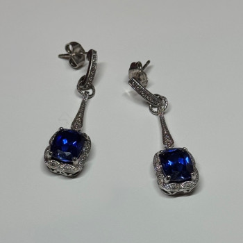 925 Sterling Silver Sapphire Earrings Length 1.5 Inch
