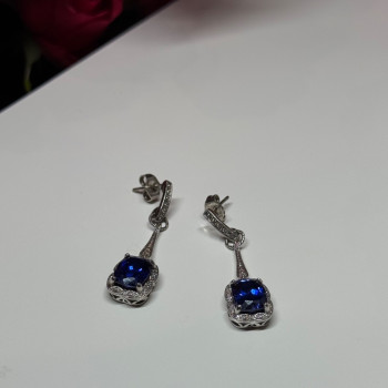 925 Sterling Silver Sapphire Earrings Length 1.5 Inch