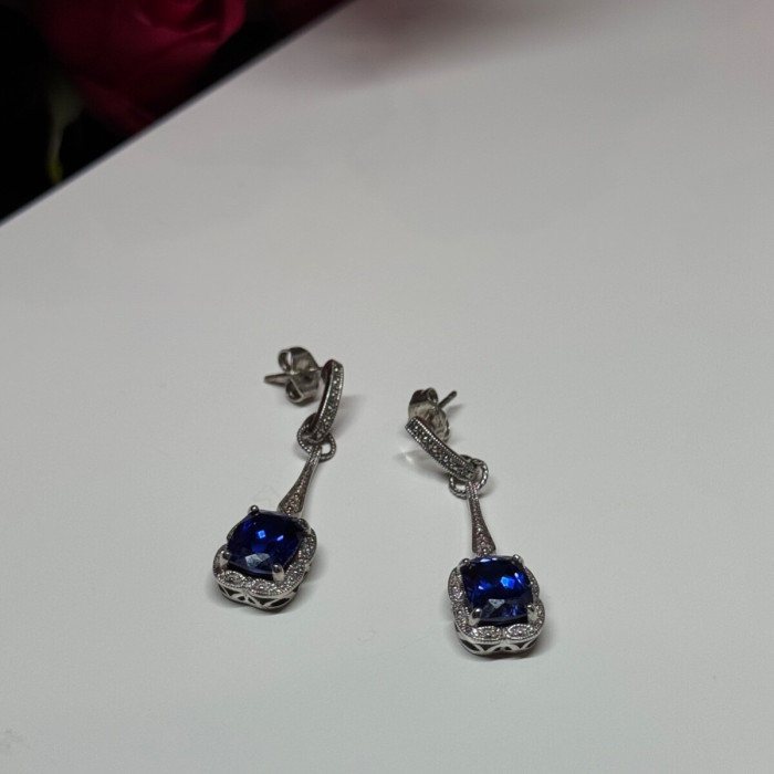 925 Sterling Silver Sapphire Earrings Length 1.5 Inch