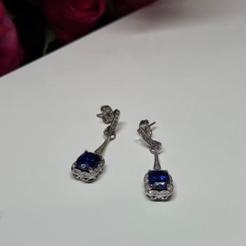 925 Sterling Silver Sapphire Earrings Length 1.5 Inch