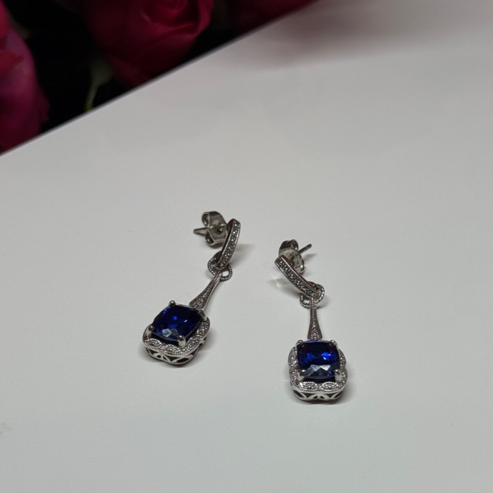 925 Sterling Silver Sapphire Earrings Length 1.5 Inch