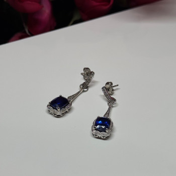 925 Sterling Silver Sapphire Earrings Length 1.5 Inch