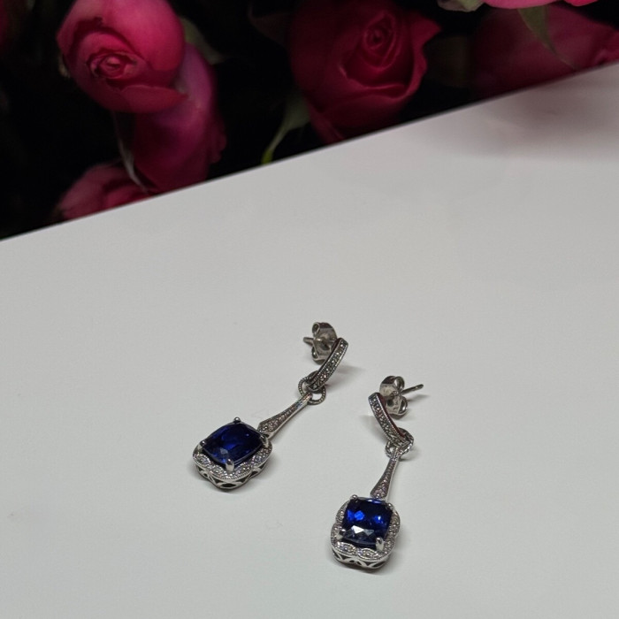 925 Sterling Silver Sapphire Earrings Length 1.5 Inch