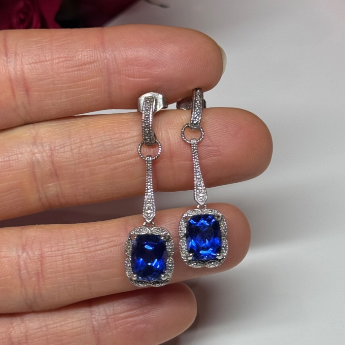 925 Sterling Silver Sapphire Earrings Length 1.5 Inch