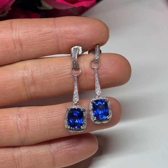 925 Sterling Silver Sapphire Earrings Length 1.5 Inch