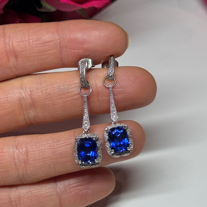 925 Sterling Silver Sapphire Earrings Length 1.5 Inch