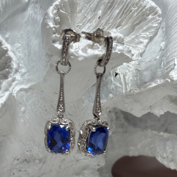 925 Sterling Silver Sapphire Earrings Length 1.5 Inch