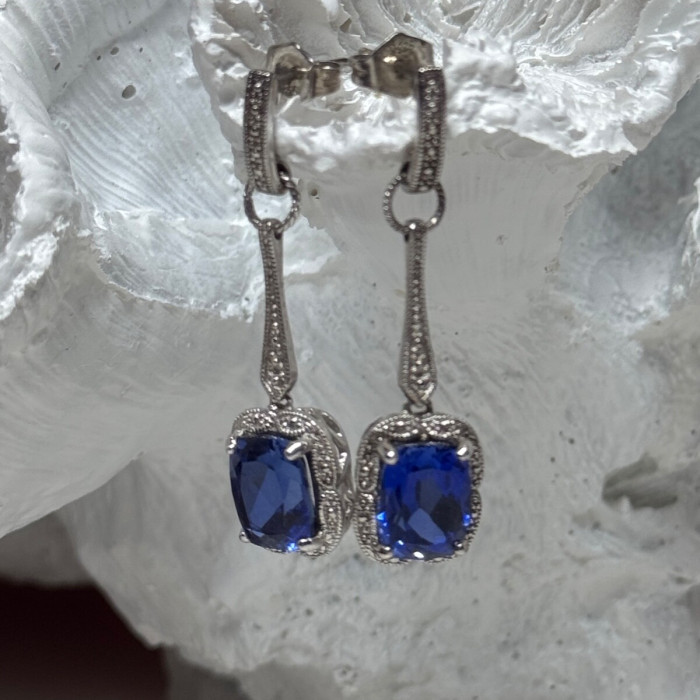 925 Sterling Silver Sapphire Earrings Length 1.5 Inch