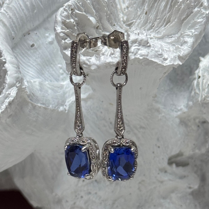 925 Sterling Silver Sapphire Earrings Length 1.5 Inch