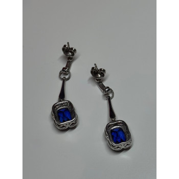 925 Sterling Silver Sapphire Earrings Length 1.5 Inch