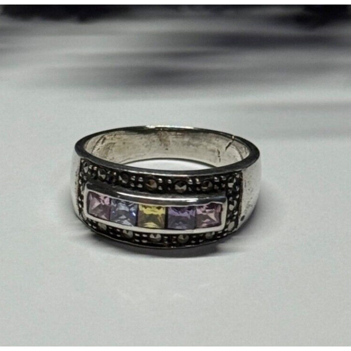 Vintage 925 Sterling Silver Tourmalines & Marcasite Ring Size 8