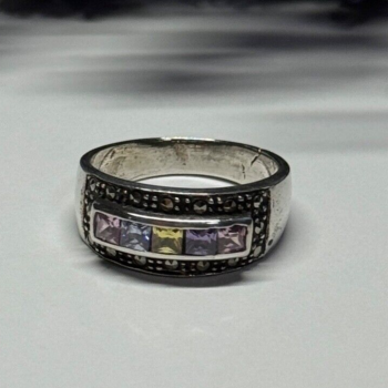 Vintage 925 Sterling Silver Tourmalines & Marcasite Ring Size 8