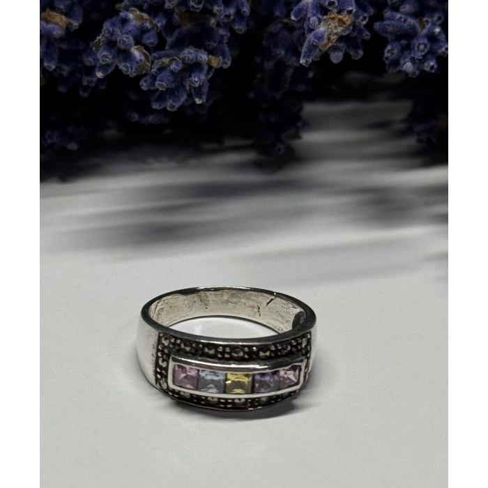 Vintage 925 Sterling Silver Tourmalines & Marcasite Ring Size 8