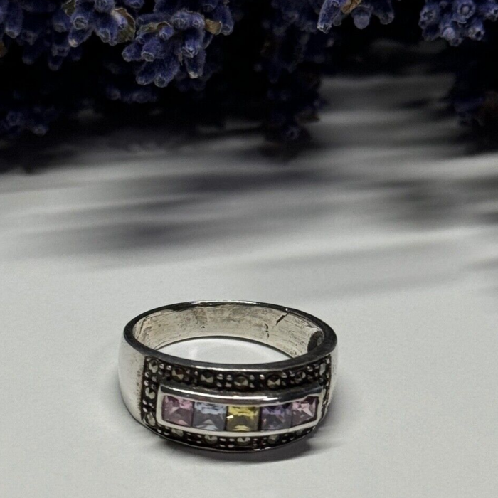 Vintage 925 Sterling Silver Tourmalines & Marcasite Ring Size 8